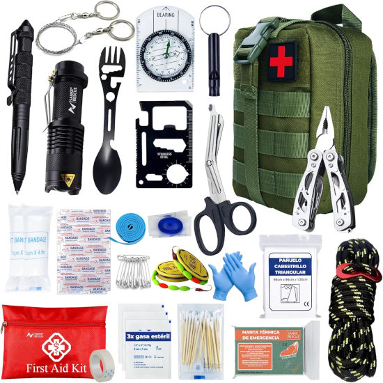 Kit de Emergencia UE 2025: Mochila completa con botiquín, linterna y cuchillo militar profesional
