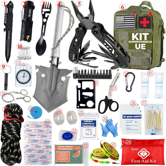 Kit Emergencia UE 2025: Mochila completa con botiquín, linterna y cuchillo militar